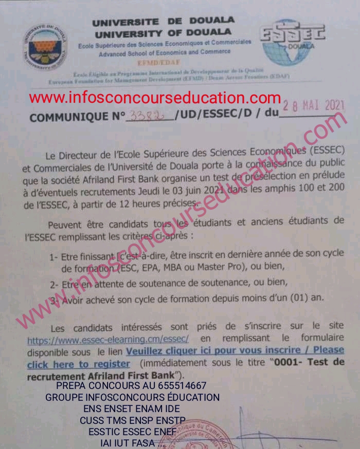 Test de présélection en vue d'un recrutement à l'ESSEC de Douala - Afriland First Bank 