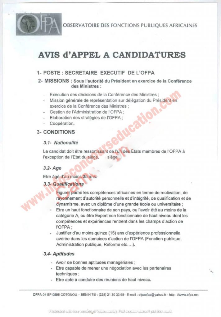 Appel à candidature : Secrétaire Exécutif de l'Observatoire des Fonctions Publiques Africaines (OFPA)