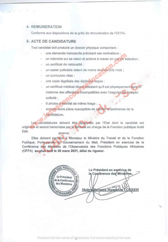 Appel à candidature : Secrétaire Exécutif de l'Observatoire des Fonctions Publiques Africaines (OFPA)