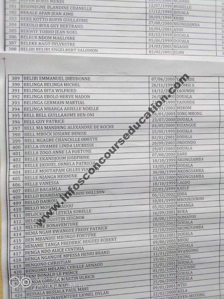 quelques listes des candidats au concours pour le recrutement des élèves gendarmes-MINDEF2021 région du littoral