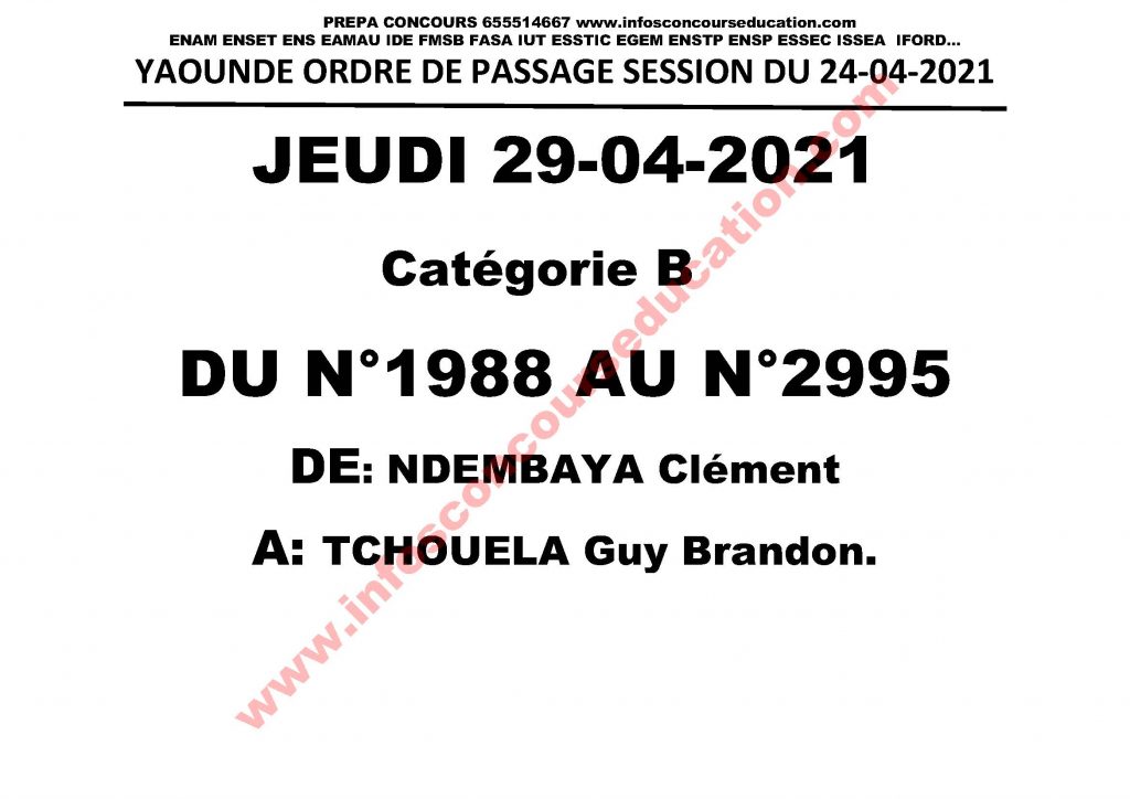 Ordre de passage des candidats aux épreuves pratiques du permis de conduire AVRIL 2021 centre de yaoundé