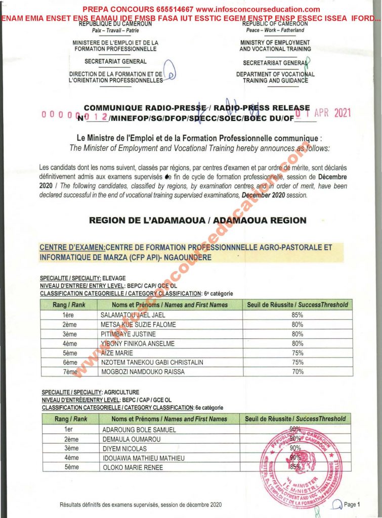 MINEFOP - résultats définitifs des examens supervisés de fin de cycle de formation professionnelle session de décembre 2020