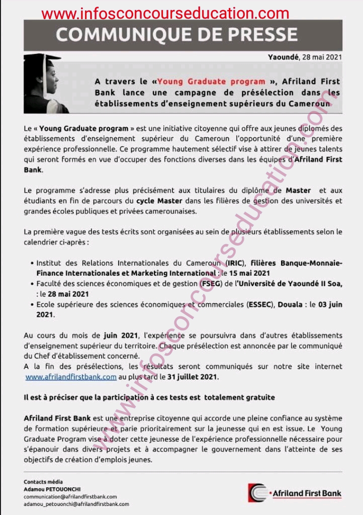 Campagne de présélection dans les établissement d'enseignement supérieurs du Cameroun - Afriland First Bank