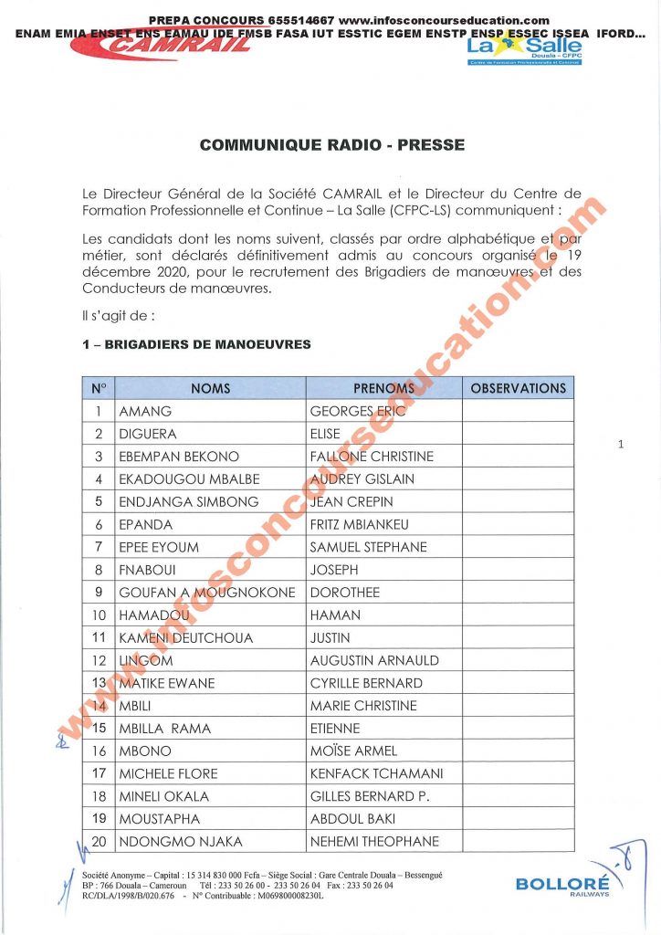 Résultats définitifs au recrutement des brigadiers de manœuvres et conducteurs de manœuvres - CAMRAIL 2020