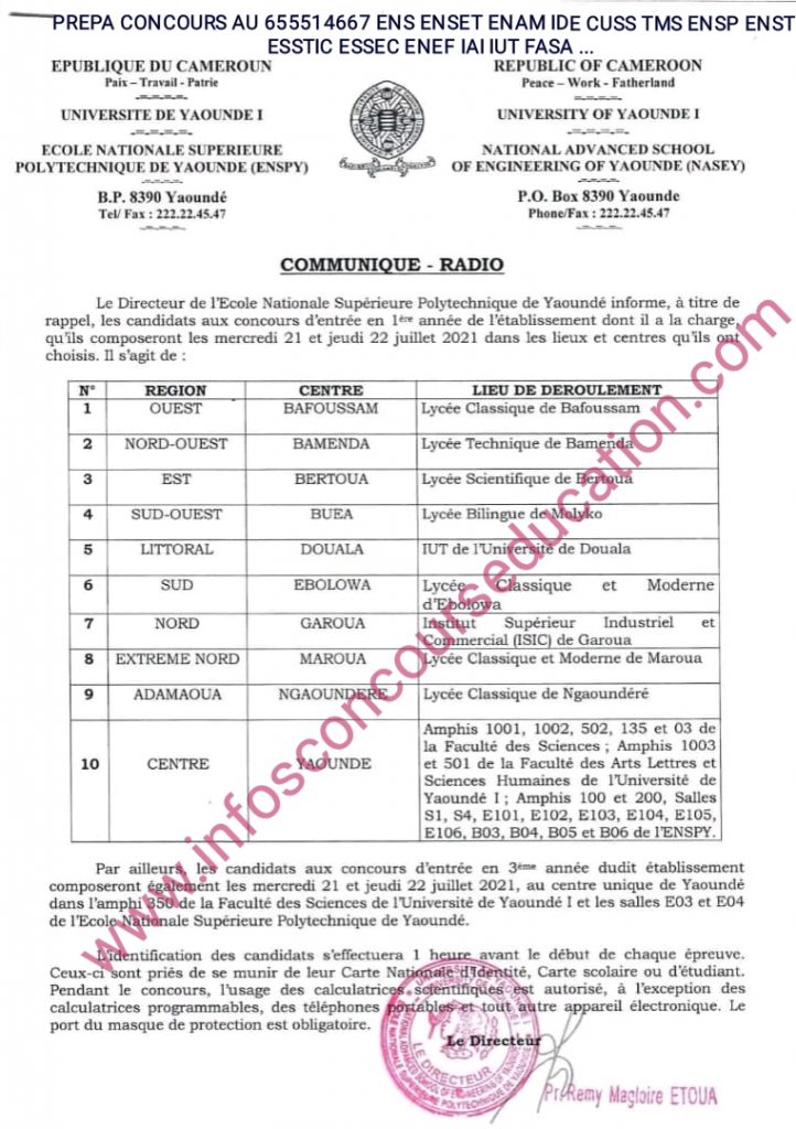 Lieu et centre de composition du concours de polytechnique (enspy) de Yaoundé 2021