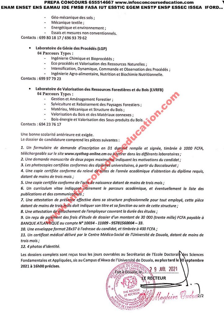 Le Recteur de l'Université de Douala lance un appel à candidature pour une inscription en Première Année de Doctorat/PhD (D1) pour le compte de l'année académique 2021/2022 au sein de l'Unité de Formation Doctorale des Sciences de l'Ingénieur (UFD-SCI) rattaché à l'Ecole Nationale Supérieure Polytechnique de Douala (ENSPD) et à l'Ecole Normale Supérieure de l'Enseignement Technique (ENSET)