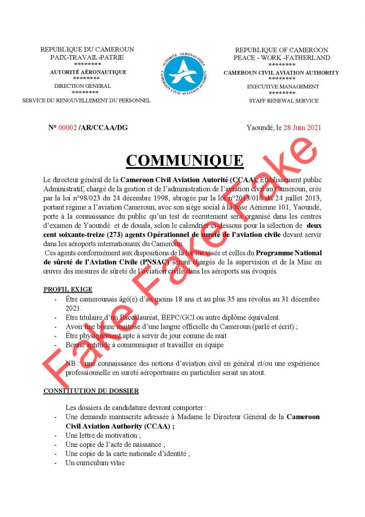 Un faux communiqué circulant dans les réseaux sociaux fait état d’un lancement de recrutement de 273 agents de sécurité dans les Aéroports du Cameroun
