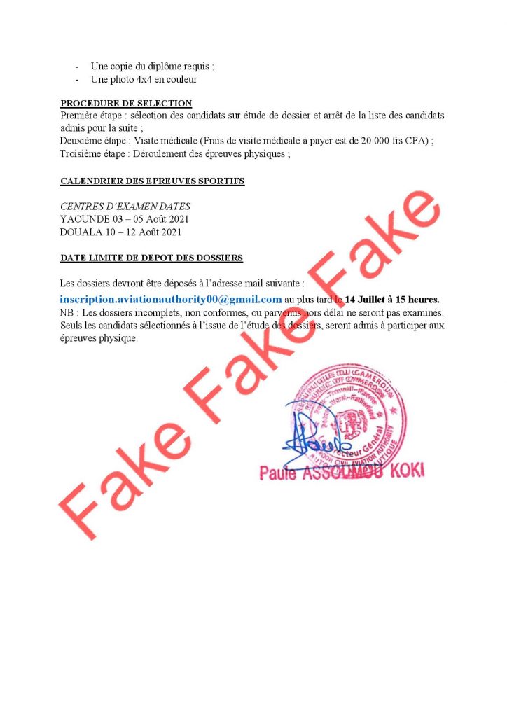 Un faux communiqué circulant dans les réseaux sociaux fait état d’un lancement de recrutement de 273 agents de sécurité dans les Aéroports du Cameroun. 