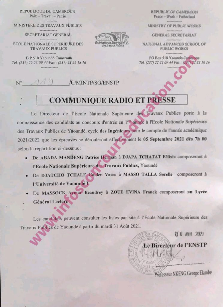 Concours ENSTP Yaoundé cycle ingénieur 2021: communiqué relatif au centre d'examen et liste des candidats 