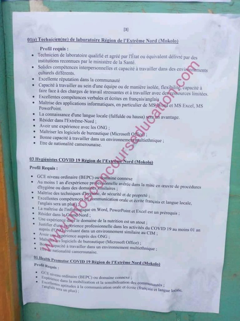 IMC cameroun recherche pour les besoin de son programme d'assistance aux bénéficiaires et d'appui au district de santé de Minawao (Mokolo) , les candidats qualifiés pour les postes suivants: