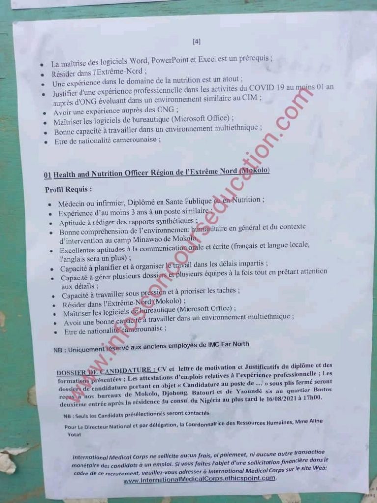 IMC cameroun recherche pour les besoin de son programme d'assistance aux bénéficiaires et d'appui au district de santé de Minawao (Mokolo) , les candidats qualifiés pour les postes suivants: