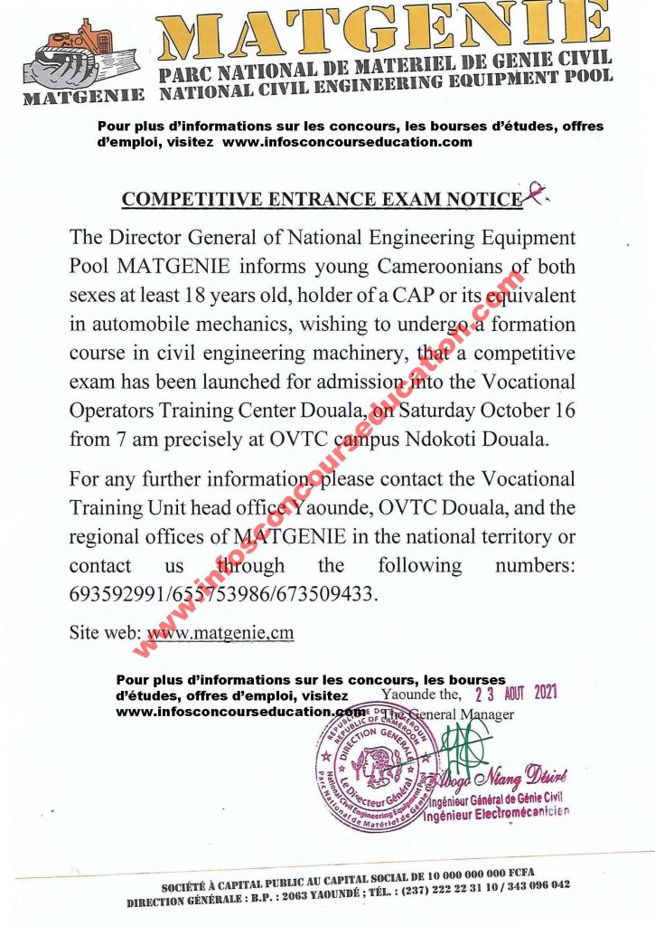 concours d'entrée au Centre de Formation Professionnelle des Mécaniciens (CFPM) du MATGENIE Douala 2021