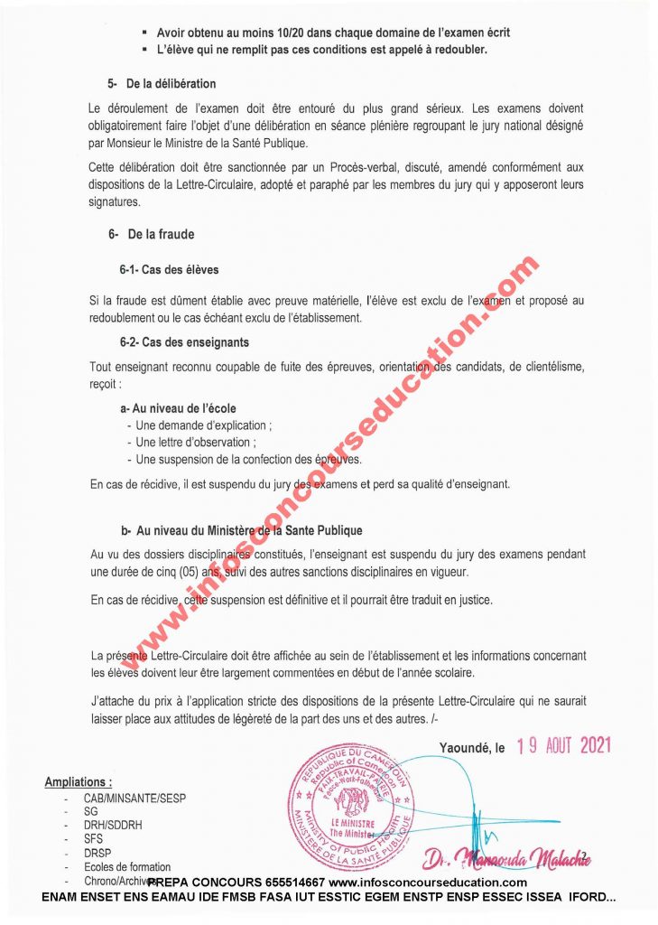 modalités de déroulement des examens de certification du MINSANTE 2021