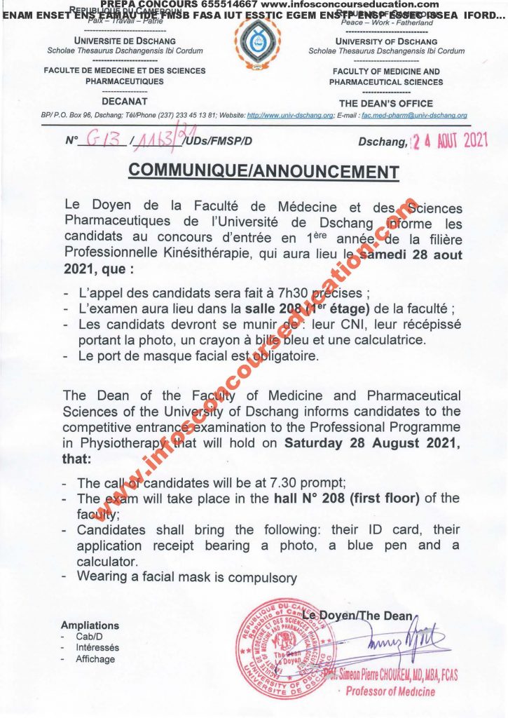 Communique à l'attention des candidats au concours d’entrée en 1ère année de la filière Professionnelle Kinésithérapie