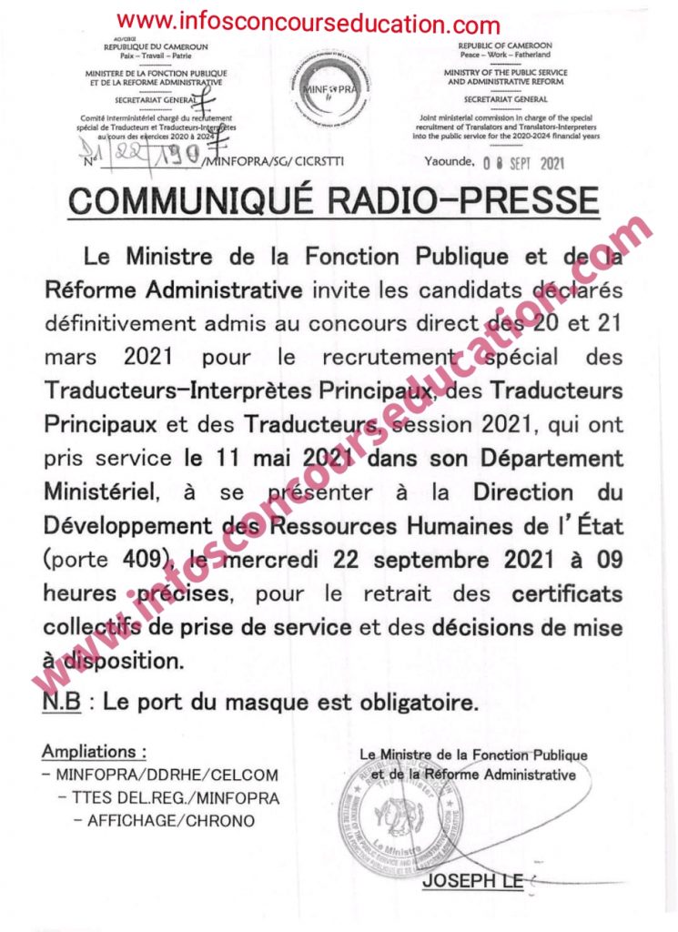 Communiqué radio-presse à l’attention des candidats déclarés définitivement admis au concours direct des 20 et 21 mars 2021 pour le recrutement spécial des Traducteurs-Interprètes Principaux, des Traducteurs Principaux et des Traducteurs, session 2021.