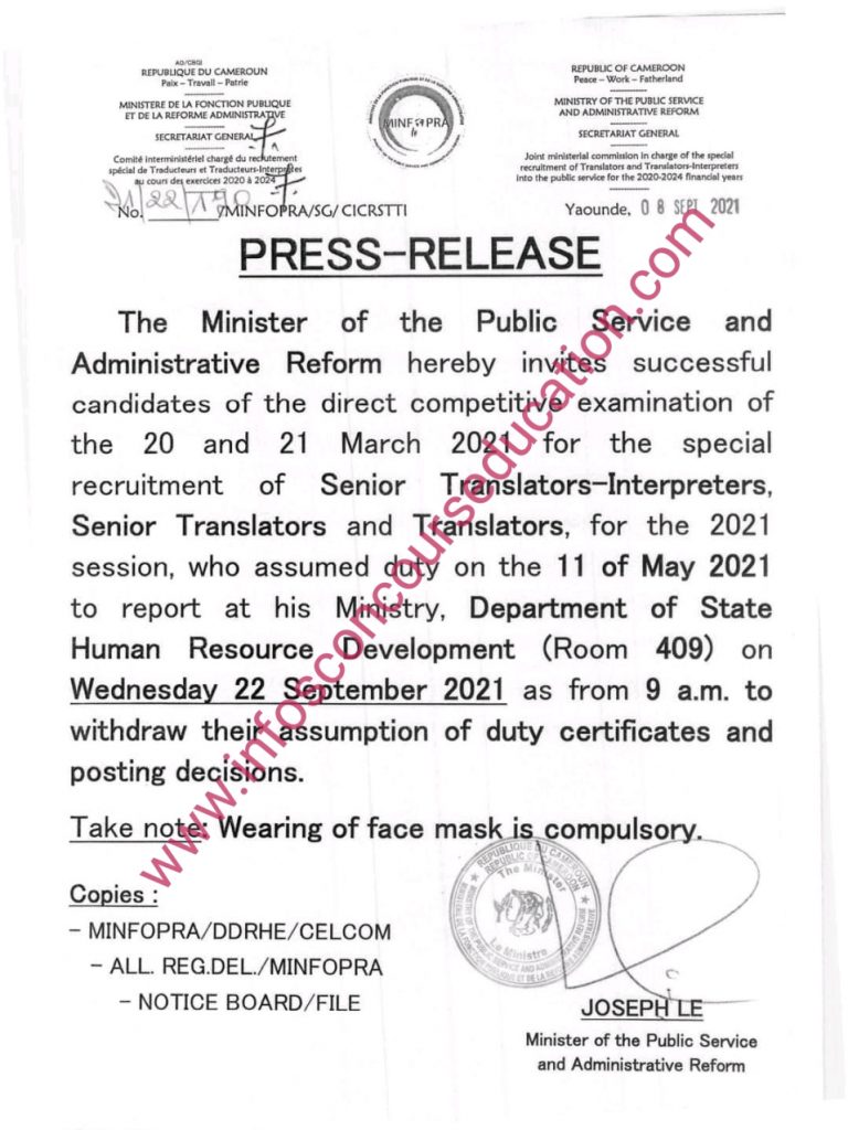 Communiqué radio-presse à l’attention des candidats déclarés définitivement admis au concours direct des 20 et 21 mars 2021 pour le recrutement spécial des Traducteurs-Interprètes Principaux, des Traducteurs Principaux et des Traducteurs, session 2021.