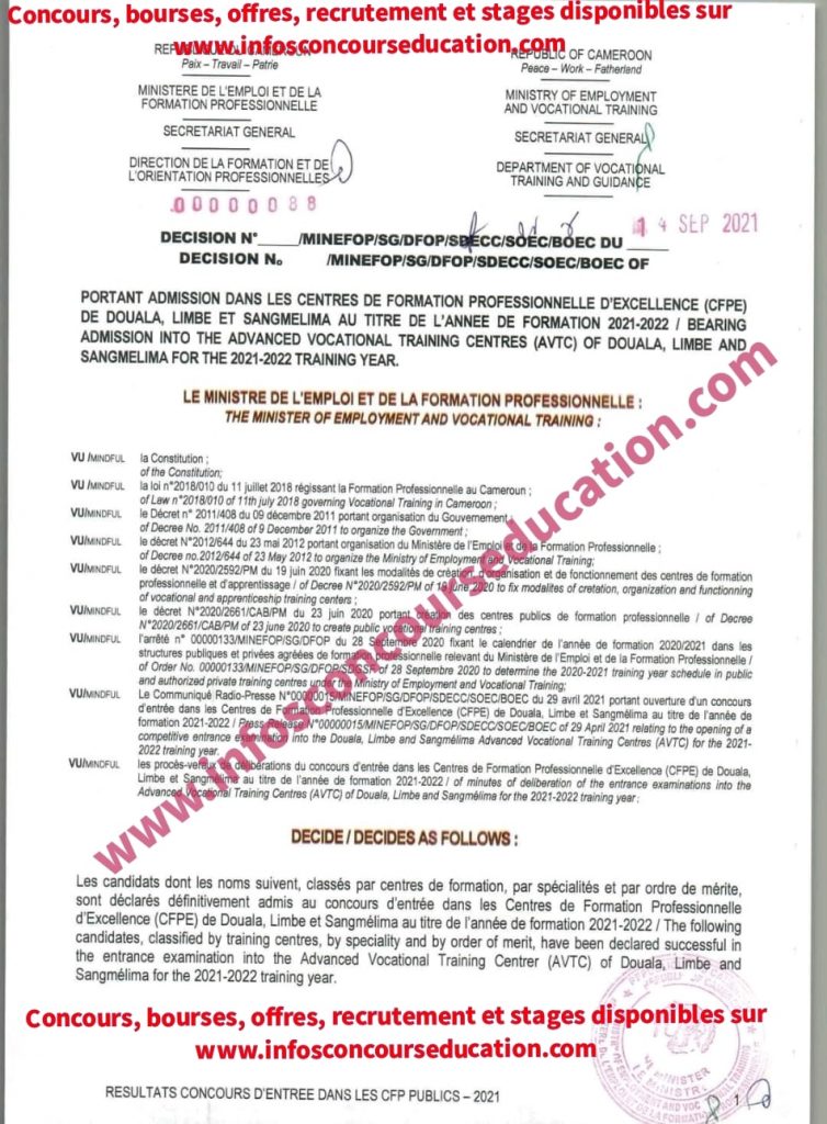 Portant admission dans les centres de formation professionnelle d'excellence (CFPE) de Douala, limbé et sangmelima au titre de l'année de formation 2021