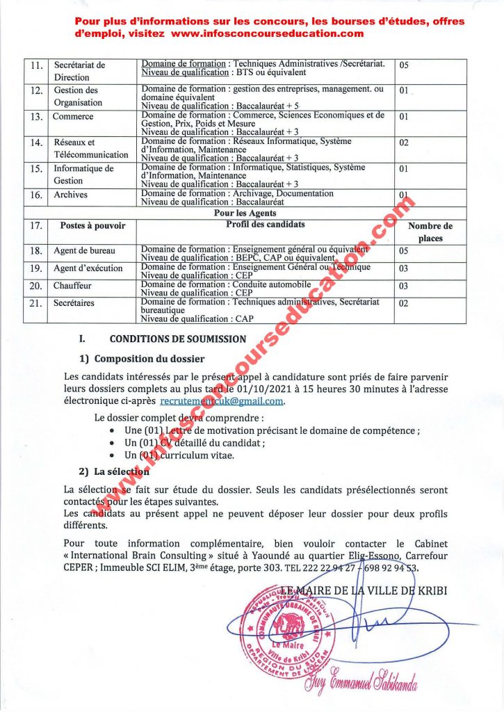 Recrutement massifs du personnel au sein de la communauté urbaine de kribi - Profils divers