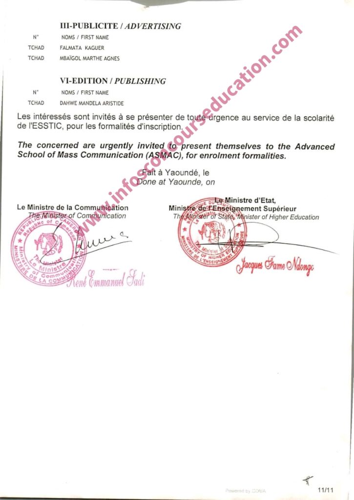 Résultats définitifs des candidats au concours d'entrée au niveau 1 du cycle de licence de l'école supérieure des sciences et techniques de l'information et de la communication (ESSTIC) au titre de l'année académique 2021/2022