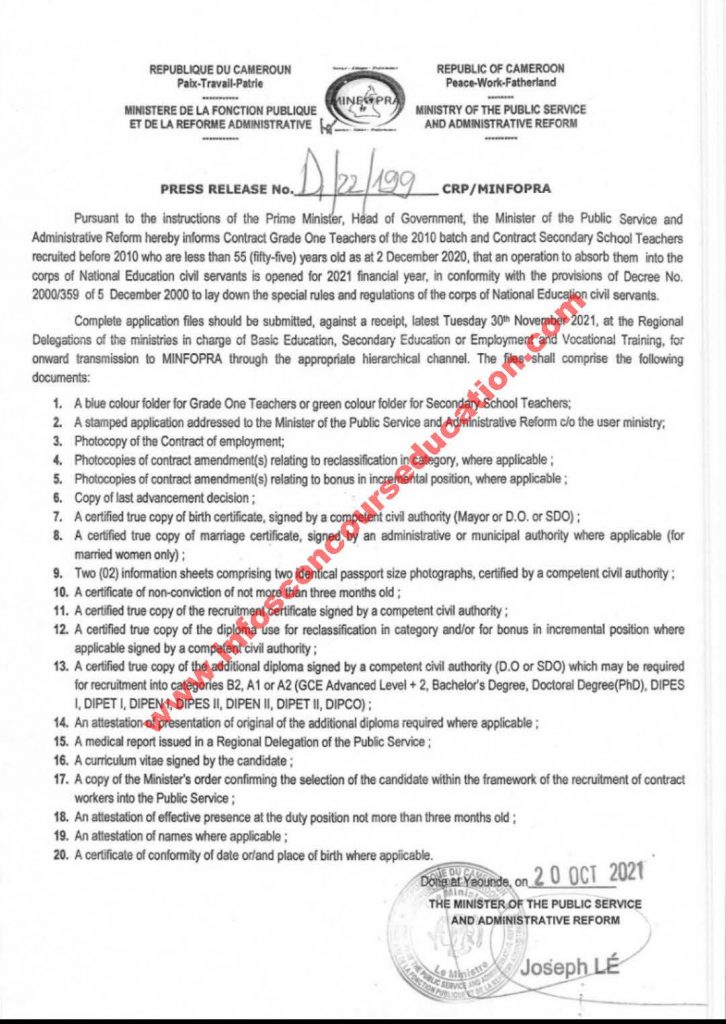 Communiqué radio-presse à l'attention des Instituteurs Contractuels d'Enseignement Primaire et Maternel vague 2010 et les Professeurs Contractualisés avant 2010.