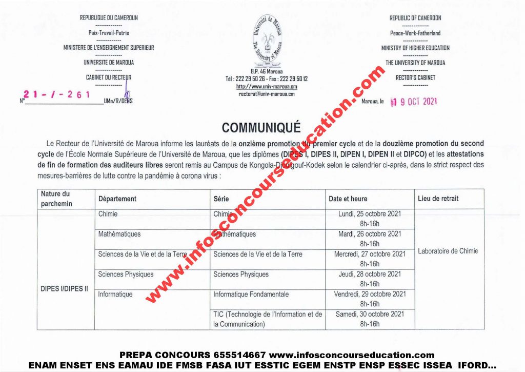 communiqué remise des diplômes (DIPES 1, DIPES Il, DIPEN 1, DIPEN Il et DIPCO) à l'ens de maroua 2021