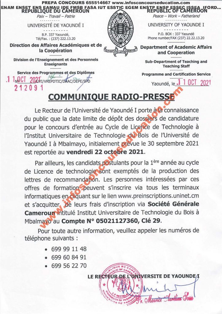 Report de la date limite de dépôt des dossiers au concours IUT Bois cycle Licence 2021