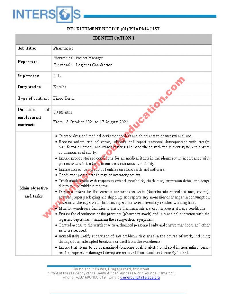 intersos is recruiting a  Pharmacist