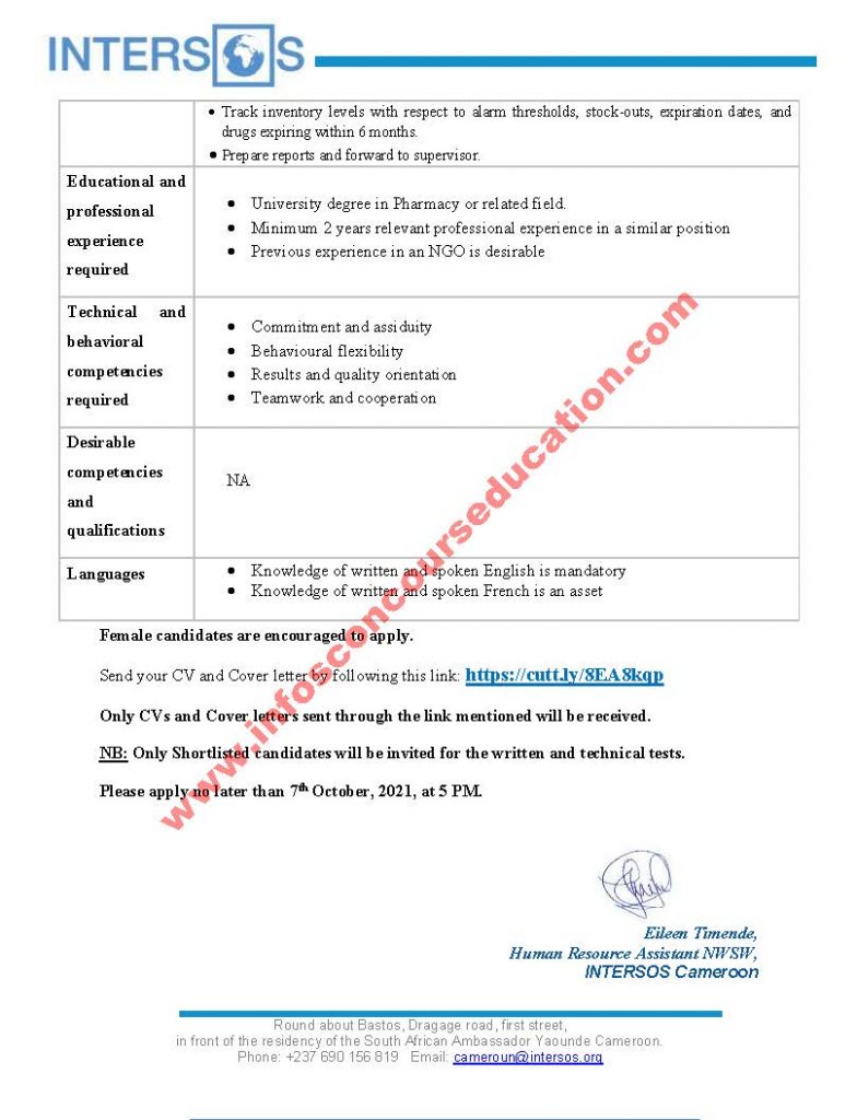 intersos is recruiting a  Pharmacist