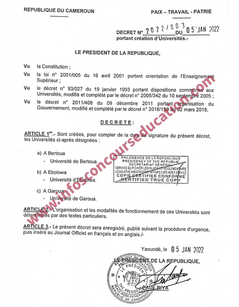 Arrêté portant création de 3 universités d'état dans la région du Nord, sud, et de l'est