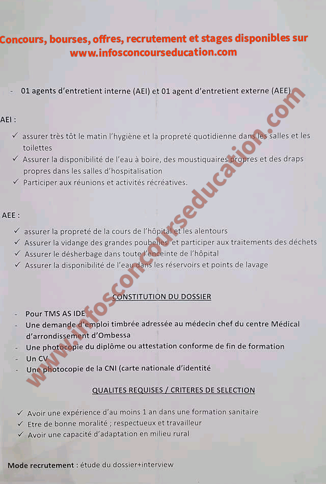  le centre médical d'arrondissement d'ombessa lance un recrutement des Personnels suivants: 01 thanatopracteur ,03 Aides-Soignants,, 04 Ide, 01 Sage femme
