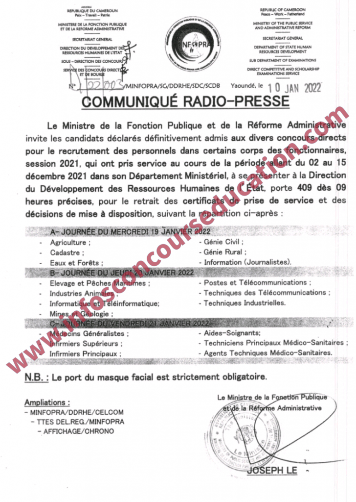 Communiqué radio-presse à l'attention des candidats déclarés définitivement admis aux divers concours directs pour le recrutement des personnels dans ???????? ????? ??? ??????????????, ??????? ???? ??? ??? ???? ??????? ?? ????? ?? ?? ??́????? ?????? ?? ?? ?? ?? ??́?????? ???? ?? ????????.