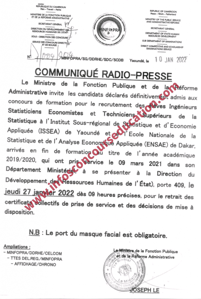 Communiqué radio-presse à l'attention des candidats déclarés définitivement admis aux concours de formation pour le recrutement des ?́??̀??? ????́?????? ????????????? ?́?????????? ?? ??????????? ????́?????? ?? ?? ??????????? ?̀ ?'????? ?? ???????́ ?? ?̀ ?'????? ?? ????? arrivés en fin de formation.