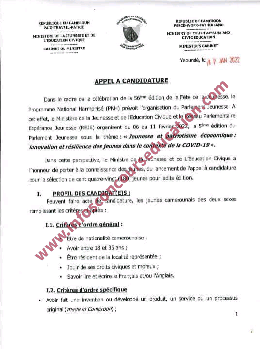 Dans le cadre de la célébration de la 56 ème édition de la fête de la Jeunesse, le Ministre de la Jeunesse et de l'Education Civique a l'honneur de porter à la connaissance des jeunes du lancement de l'appel à candidature pour la sélection de cent quatre-vingt (180) jeunes pour ladite édition.