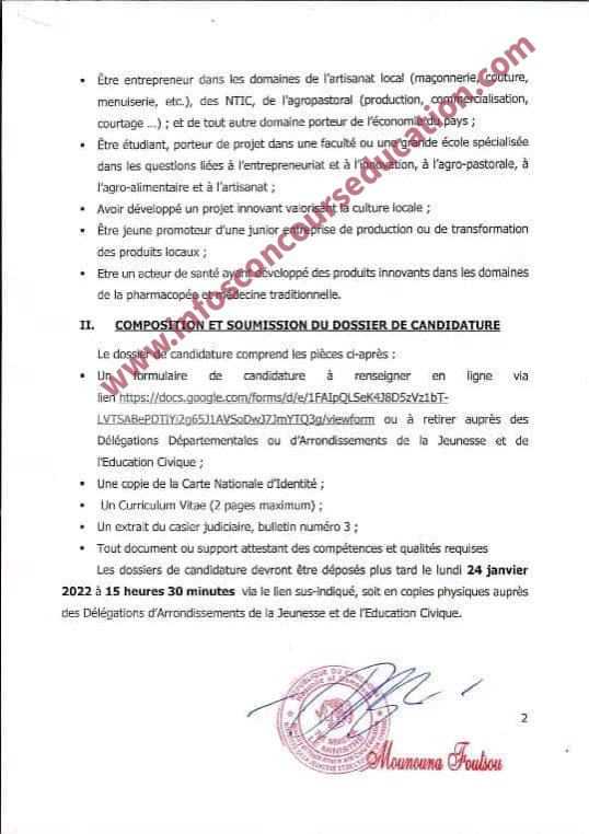 Dans le cadre de la célébration de la 56 ème édition de la fête de la Jeunesse, le Ministre de la Jeunesse et de l'Education Civique a l'honneur de porter à la connaissance des jeunes du lancement de l'appel à candidature pour la sélection de cent quatre-vingt (180) jeunes pour ladite édition.