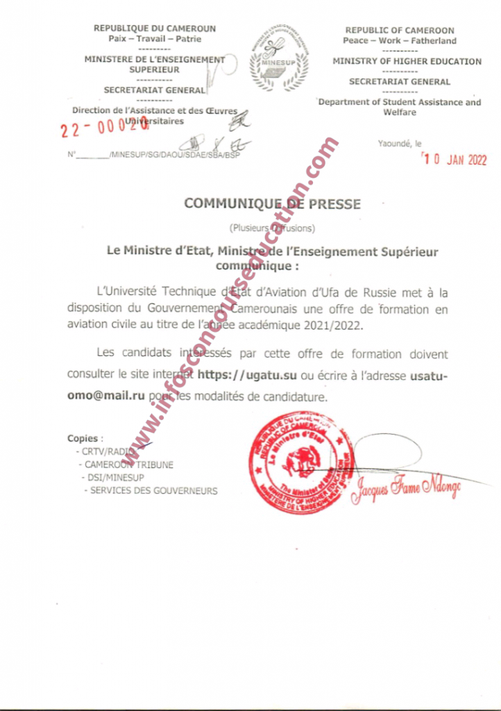 L’université Technique d’Etat d’Aviation d’Ufa de Russie met à la disposition du Gouvernement Camerounais une offre de formation en aviation civile au titre de l’année académique 2021/2022.
