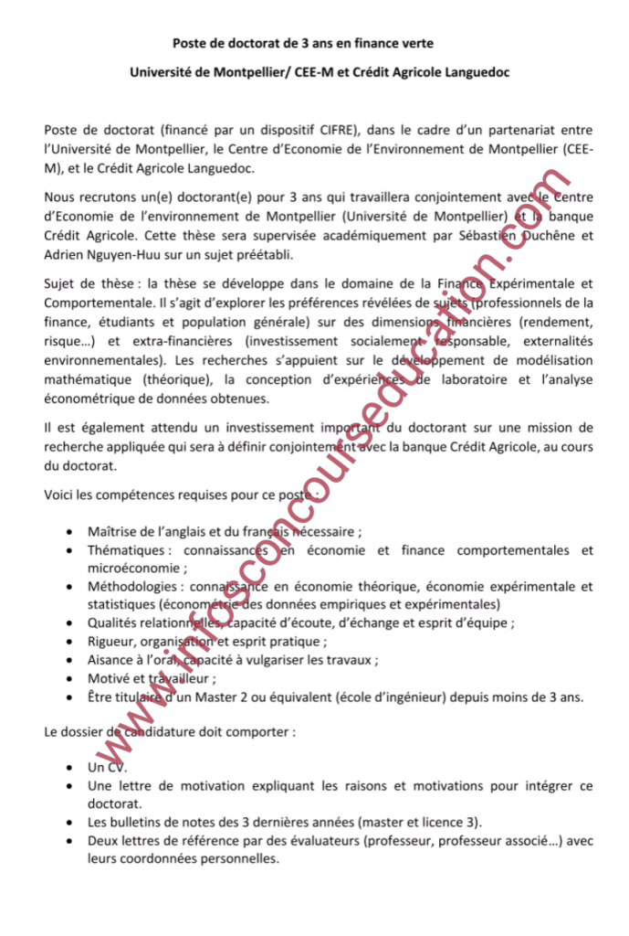 Offre de Doctorat de 3 ans en Economie à l'Université de Montpellier