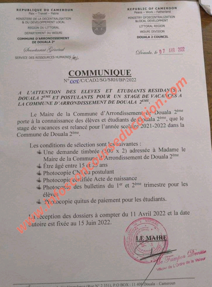 Le Maire de la Commune d'Arrondissement de Douala 2eme porte à la connaissance des élèves et étudiants de Douala 2 ème, que le stage de vacances est relancé pour l'année scolaire 2021-2022 dans la commune de Douala 2ème.