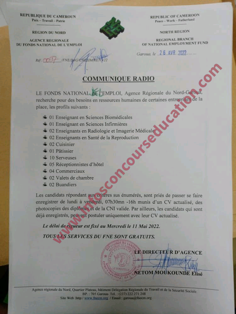 Le Fonds National de l'Emploi, Agence Régionale du Nord-Garoua, recherche pour des besoins en ressource humaines de certaines entreprises de la place, les profils suivants: 01 enseignants en sciences biomédicales 01 enseignant en sciences infirmières