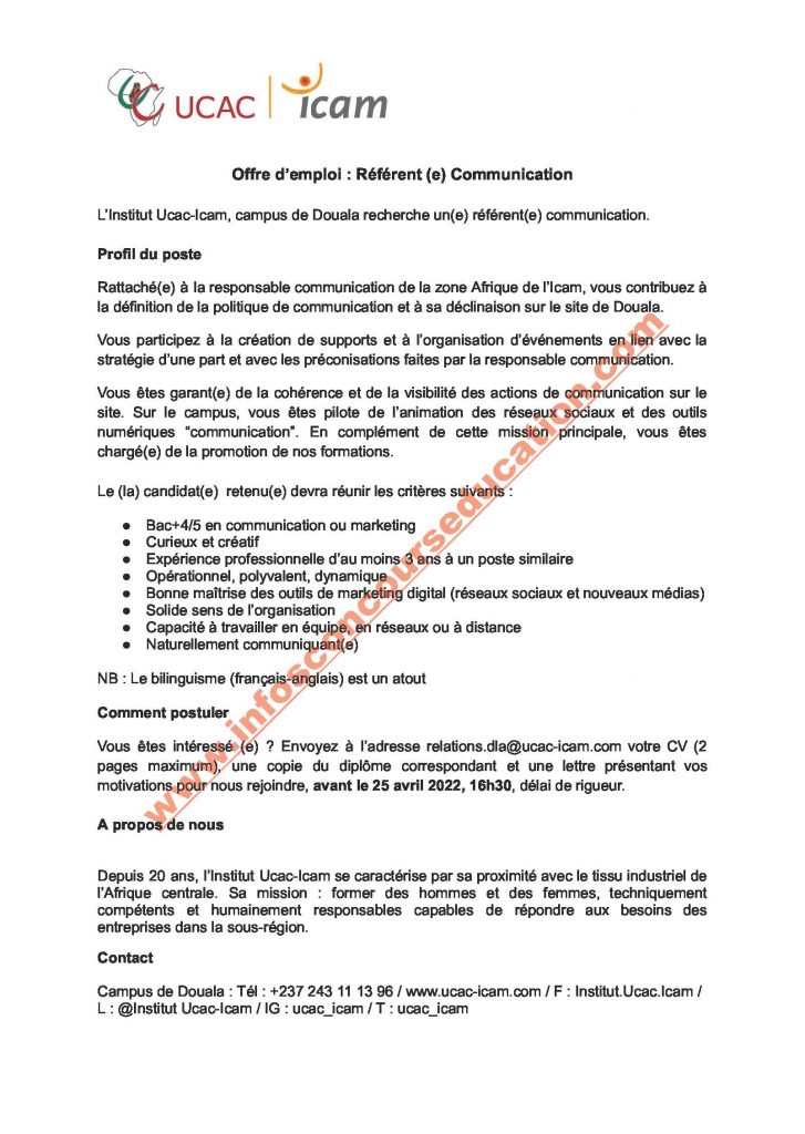 L'institut ucac-icam campus de douala recrute un(e) référent(e) Communication