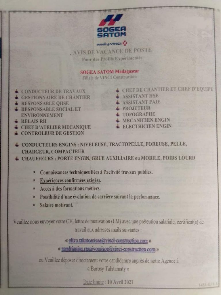 SOGEA SATOM Madagascar, Filiale de VINCI Construction recrute: CONDUCTEUR DE TRAVAUX; GESTIONNAIRE DE CHANTIER; RESPONSABLE QHSE