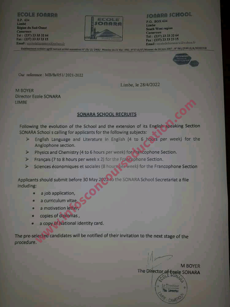 Call for application of teachers at the SONARA school