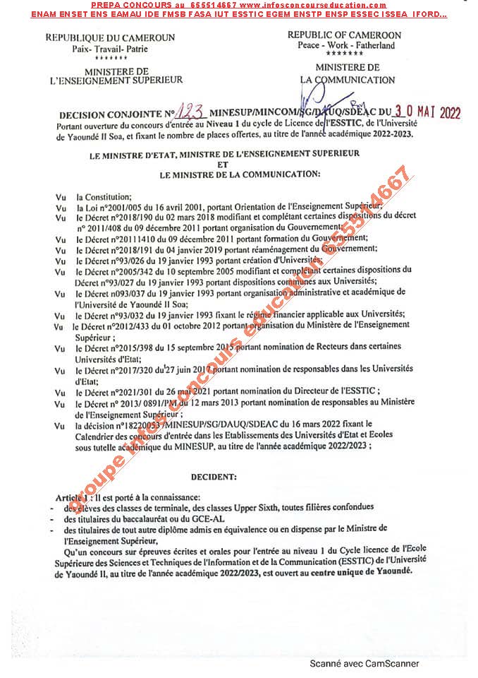 Concours d'entrée au Niveau 1 du cycle de Licence de l'ESSTIC, de l'Université de Yaoundé II SOA, au titre de l'année académique 2022-2023.