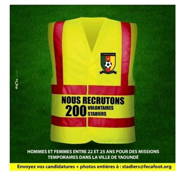La Fédération Camerounaise de Football (FECAFOOT) lance un recrutement de 200 volontaires stadiers hommes et femmes.