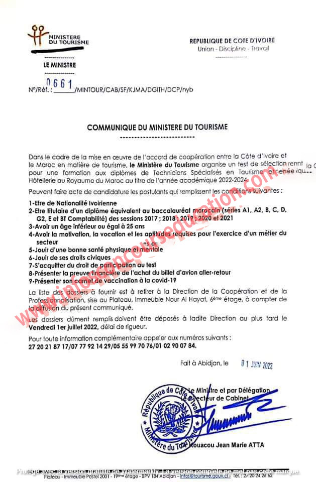  Test de sélection pour une formation aux Métiers de Techniciens Spécialisés en Tourisme et en Hôtellerie ou Royaume du Maroc au titre de l'année académique 2022-2024 cote -d'ivoire