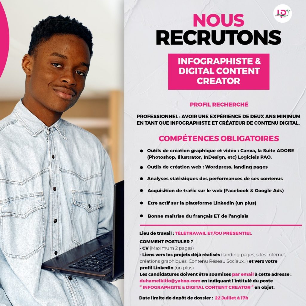 une entreprise de la place recherche un infographiste et digital content creator