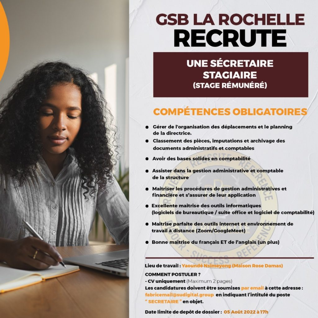 GSB la rochelle recrute une secrétaire stagiaire (stage remunéré) pour une période de 03 mois