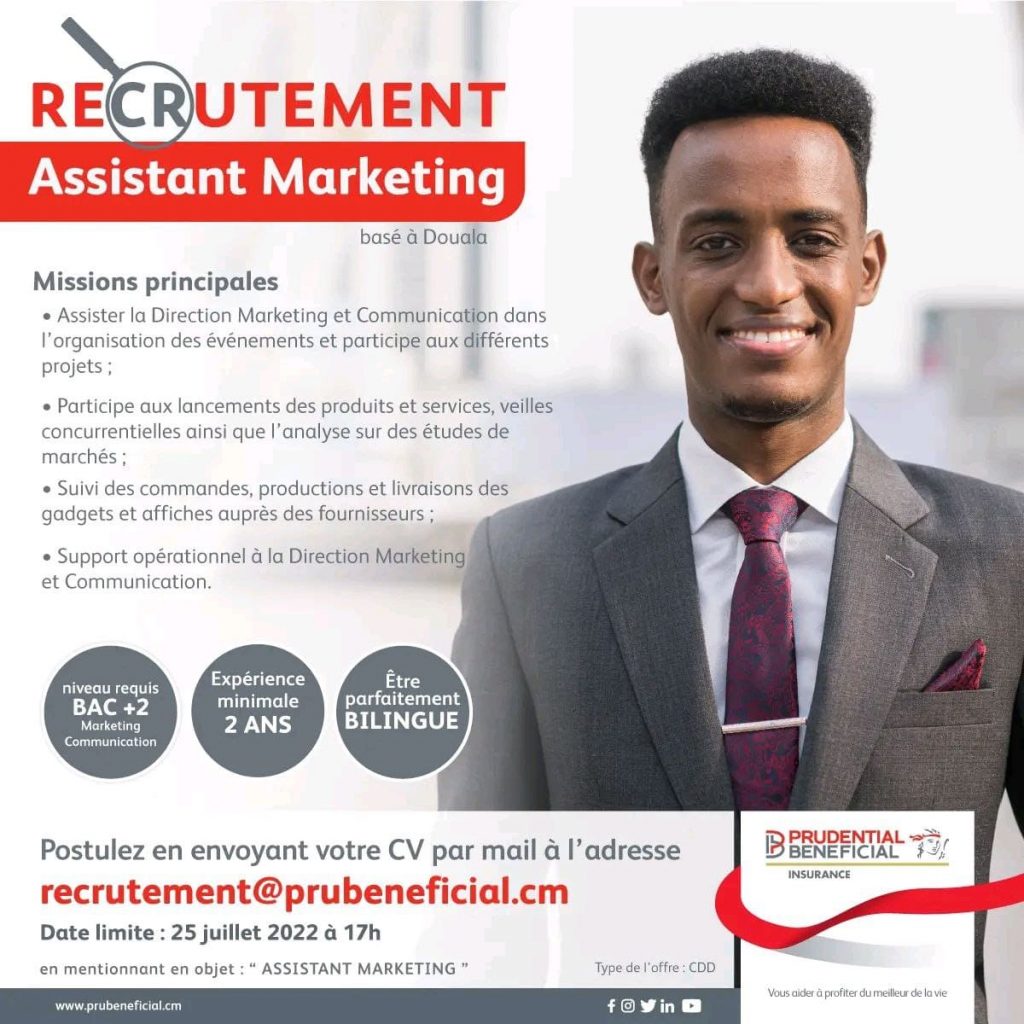 Prudential Beneficial Insurance recrute pour ses besoins de développement 1 Assistant Marketing basé à Douala.
