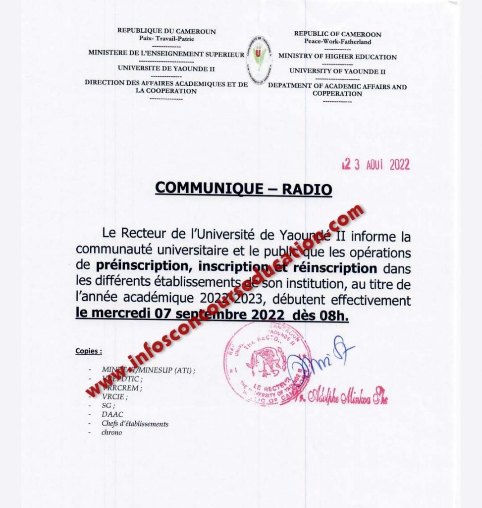 Modalités de préinscription, inscription et réinscription dans les deux facultés de l'université de Yaoundé 2, au titre de l'année académique 2022/2023.
