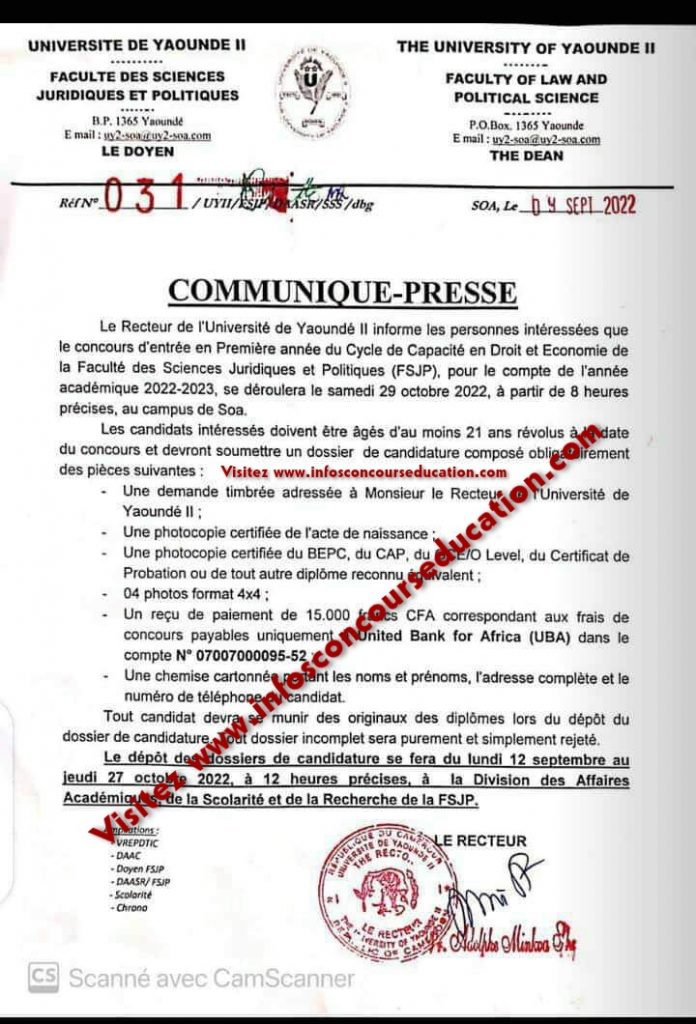 concours d'entrée en première année du cycle de capacité en droit et économie de la faculté des sciences juridiques et politiques (FSJP) pour le compte de l'année académique 2022/2023