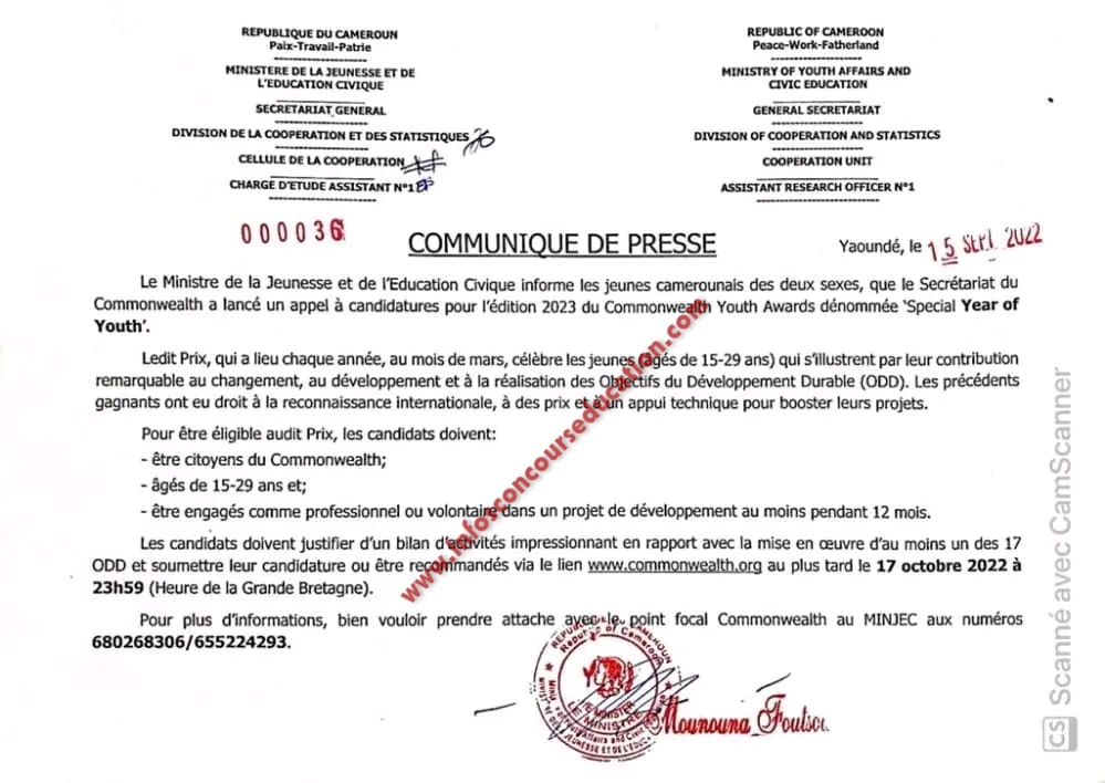 Le Ministre de la Jeunesse et de l'Education Civique a lancé un appel à candidatures pour l'édition 2023 du Commonwealth Youth Awards dénommée Special Year of Youth.